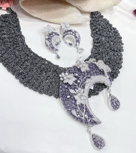 Luxury Silver Plated Moon Shape <b>Statement</b> <b>Necklace</b> Set With Purple Cubic Zirconia For Women Party Wear - Product Image 2