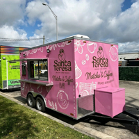 Remorque de concession de boulangerie rose prête à l'emploi, marque personnalisée, pour bar à matcha mobile, café, boutique de repas matinaux et de déjeuner, vente de rue