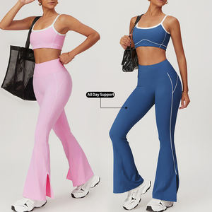 Women's 2 Piece Yoga Set High Waist <b>Flared</b> <b>Leggings</b> Solid Color Seamless Spaghetti Strap Crop Top All Day Support - Product Image 1
