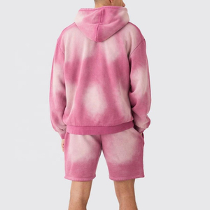Men's Pink <b>Tie</b> <b>Dye</b> Tracksuit Full Sleeve Zipper Hooded Casual Fleece Shorts <b>Set</b> Gradient Color Logo Front Loose Fit Spring Wear - Product Image 2