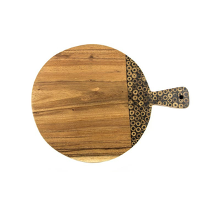 Planche à découper en bois de Suar de qualité alimentaire avec élégante incrustation en bambou noir, grande, ronde, brun clair, pour la cuisine et l'usage domestique quotidien - Product Image 1