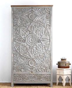 Luxury Handcrafted Solid Wood 2 Door <b>Wardrobe</b> Ornate Mandala Floral Carving Distressed Grey Armoire - Product Image 1