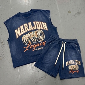 Wholesale Custom Acid Wash <b>Men</b> Tracksuit Studded Sleeveless T Shirt Shorts Set Vintage Distressed Heavyweight Gym Streetwear - Product Image 2