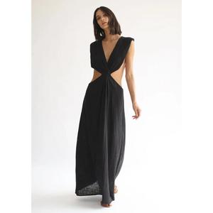Mono largo de lino negro para mujer, cuello en V, manga abullonada, diseño hueco, ajuste holgado, estilo minimalista, ropa de playa para primavera y verano - Product Image 5