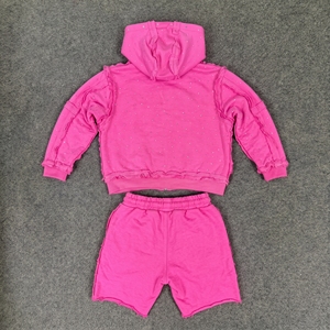 Custom Patch Applique Embroidered Letter Raw Hem Acid Wash <b>Summer</b> Casual Hoodies and Shorts Set <b>Men's</b> Cotton Canvas Tracksuit - Product Image 2