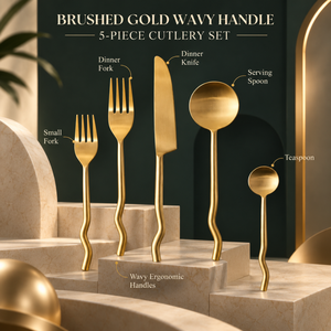 Ensemble de couverts de luxe ondulés dorés |   Ensemble de couverts en acier inoxydable brossé, 5 pièces, fourchette, couteau, cuillères, mise en scène de table moderne, élégant - Product Image 5