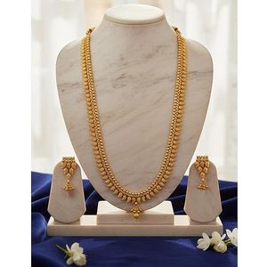 Indian Silver Plated Alloy Zircon Coin Long Necklace Earring Set Ethnic Women's Wedding Jewelry Flower Design Rani Haar - Product Image 2