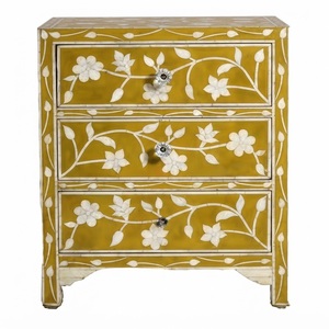 Table de chevet artisanale traditionnelle indienne avec incrustations en os, motif floral, commode à 3 tiroirs, meuble d'appoint pour chambre à coucher, prix bas - Product Image 1