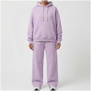 Unisex Lavender Hooded Sweatshirt & <b>Sweatpants</b> <b>Set</b> Full Length Loose Fit Solid Color Casual Tracksuit 100% Cotton Midweight - Product Image 1