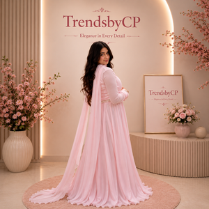 ชุดเดรสทรงเอไลน์แบบอานาร์กาลีสีชมพูหวาน ประดับลูกปัด แต่งลูกไม้ คอเหลี่ยม เอวทรงเอ็มไพร์ ผ้าชีฟอง สำหรับงานอีด สีหวานสดใส เหมาะสำหรับเจ้าสาว - Product Image 4