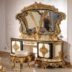 Juego de Dormitorio King Size de Lujo Estilo Turco Europeo Antiguo con Cama Clásica de Matrimonio, Mesita de Noche y Espejo de Madera de Caoba - Product Image 4