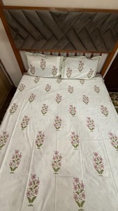 Hand Block Printed Cotton Bedsheet Floral Print White Bedding Indian Handmade Bedspread - Product Image 3