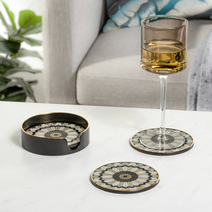 Miroir décoratif rond en bois avec bord doré et motif géométrique en zigzag, style Art Déco, protection de table 5 mm - Product Image 2