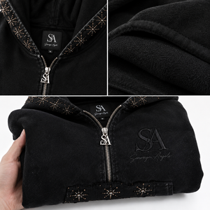 Sweat à capuche zippé personnalisé avec strass, délavage vintage, 100 % coton molletonné, coupe oversize, imperméable, respirant, épais - Product Image 3