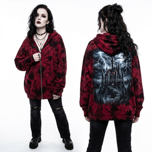 Custom Burgundy Red Tie Dye Zip Up Hoodie Women Gothic Lightning Storm Castle Graphic Print Oversized Streetwear Jacket - Product Image 1