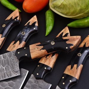 Nordic Forge Handmade Five-Piece Damascus Steel Chef Knife Set Ambidextrous Resin Olive Wood Handle Full Tang Knives with Bag - Product Image 3