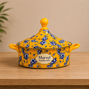 Casserole décorative en émail jaune et bleu à motifs floraux Marvel Handicrafts avec couvercle – Pot de service haut de gamme pour cuisine et table à manger - Product Image 1