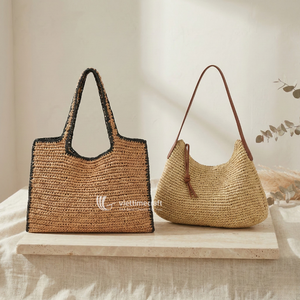 Handmade Straw Bag, Artisanal Crochet Paper Straw Tote, <b>Shoulder</b> Bag & Hobo Bag with Leather <b>Straps</b> & Ribbon Accents - Product Image 5