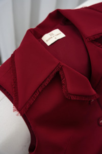Women's Sleeveless <b>Red</b> Peplum Vest Frayed Lapel Notch Collar Self Tie Waist <b>Belt</b> Tailored Top Polyester Spandex LUCIA - Product Image 5