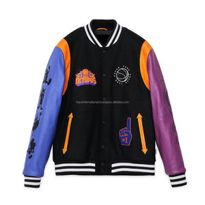 Veste Varsity élégante avec col en tricot côtelé avec fermeture à onglet deux poches à la taille manches en cuir deux couleurs-tissu en toile - Product Image 1