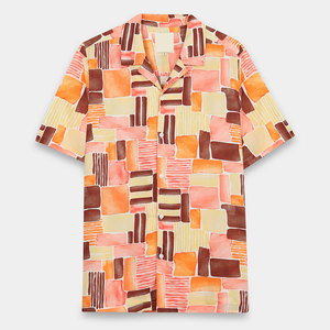 Chemise décontractée à manches courtes pour homme, imprimé géométrique, col rabattu, tissage estival, popeline à motifs, coupe classique - Product Image 1