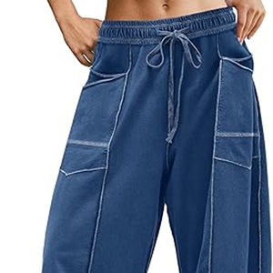 Women Soft Lounge Cargo Pants Wide Leg Sweatpants High Waist <b>Drawstring</b> Casual Loose Fit Streetwear - Product Image 2