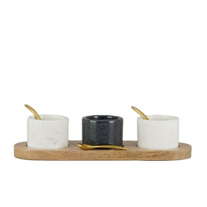 Natural Marble Bowl Set with Wooden Base Three Cup Condiment Holder Salt <b>Spice</b> Server with Spoon Modern Kitchen Tabletop Decor - Product Image 1