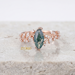 Anillo de compromiso de oro de 14 quilates con ágata marquesa y diseño de hoja de vid inspirado en la naturaleza - Product Image 2