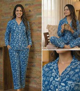 Ensembles de pyjamas classiques en coton indien imprimé à la main, motifs indigo, magnifiques tenues de nuit - Product Image 5