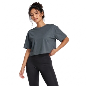 T-shirt court gris pour femme, col rond, manches courtes, coupe ample, couleur unie, jersey 100% coton, vêtements décontractés, toutes saisons - Product Image 1