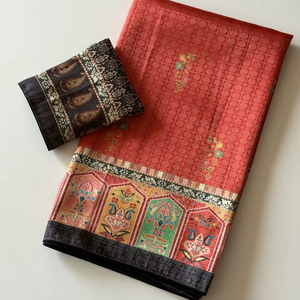 Sari en soie Designer Dola avec finition douce et soyeuse et chemisier imprimé numérique contrastant - Product Image 1