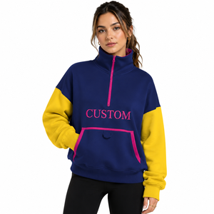 Heavyweight Fleece Color <b>Block</b> Quarter Zip Pullover Private Label Custom Embroidery Stand Collar Sweatshirts Women's Hoodies OEM - Product Image 2