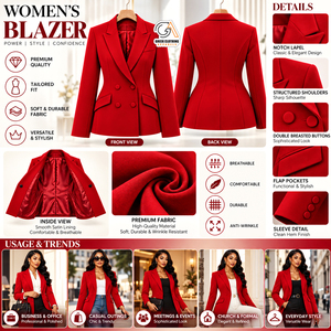 Alpha Kapa | Women's Red Double Breasted <b>Pants</b> Suit Full Sleeve Solid Color Notched Collar <b>Wool</b> Polyester Blazer - Product Image 5