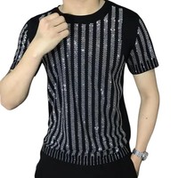 Nouveau T-shirt Homme Noir à Rayures et Strass 2026 – Haut de Gamme Scintillant avec Cristaux pour Fêtes et Mode