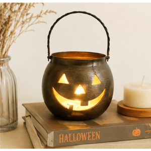 Antique Metal Jack-O-Lantern Pumpkin Candle Holder Handcrafted Iron Halloween Votive <b>Stand</b> with Handle Hanging Tealight Lantern - Product Image 4