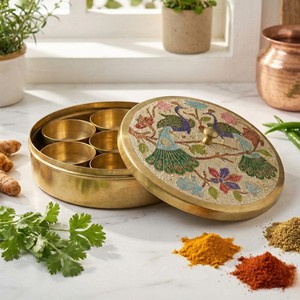 Handmade Iron Masala Dabba Spice <b>Box</b> Decorative <b>Floral</b> Lid Seven Compartment Traditional Kitchen Seasoning Storage Food Grade - Product Image 3