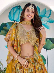 Yellow Glitter Print Indian Pakistani Cotton Silk <b>Reversible</b> Lehenga Choli Printed <b>Dress</b> Blouse Skirt Wedding Festival Wear - Product Image 3