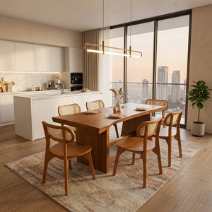 Elegant Suar <b>Wood</b> Minimalist Export Elysian Live Edge <b>Dining</b> Set Collection with Teak Rattan Chairs for Hospitality Use - Product Image 2