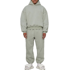 Ensemble de survêtement à capuche vert clair pour homme, 100 % coton, coupe ample, couleur unie, tenue décontractée avec poches latérales et taille élastique - Product Image 1