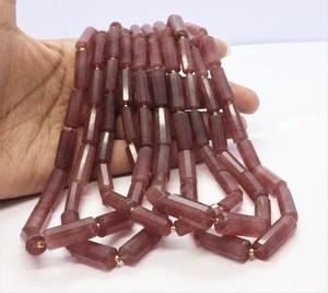 Perles de quartz rose naturel facettées en forme de tube, 6x20 mm, perles de pierre précieuse en quartz rose pour bijoux - Product Image 1