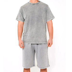 Grey Washed Men's <b>T</b>-Shirt Shorts Set Casual Tracksuit Hooded Full Sleeve Full Length Side Pockets 100% Cotton Fleece Streetwear - Product Image 3