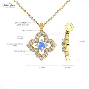 Pendentif Fleur en Pierre de Lune Arc-en-ciel Ronde de 3 mm Authentique avec Grappe de Diamants en Or Massif 14 carats pour le Dropshipping - Product Image 4