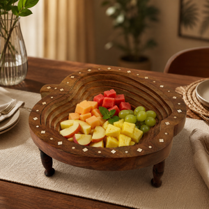 Plateau à fruits pliable artisanal en bois de rose indien |   Panier à fruits secs en bois de luxe |   Bol de service écologique, décoration de table, articles cadeaux - Product Image 4