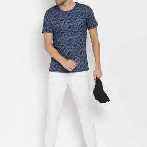 <b>Men's</b> O-Neck Short Sleeve <b>T</b>-<b>Shirt</b> Regular Fit <b>Floral</b> Pattern Blue Knitted Casual - Product Image 3