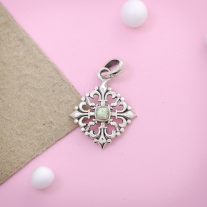 Natural Chrysoprase Gemstone Pendant 925 Sterling Silver Vintage Floral Filigree Statement Necklace Charm - Product Image 1