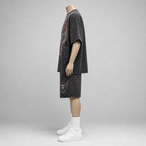 Mens Casual <b>Knitted</b> Acid Wash Oversized T-Shirt and Shorts <b>Set</b> Eagle Screen Print Loose Fit American Streetwear Two-Piece Outfit - Product Image 6