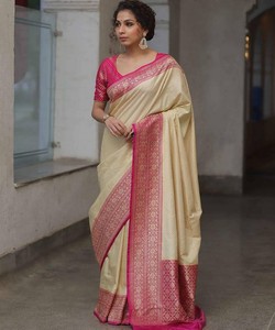 Sari tradicional indio de seda con borde rosa y blusa para bodas, sari largo hasta el suelo para mujer de la India y Pakistán - Product Image 5