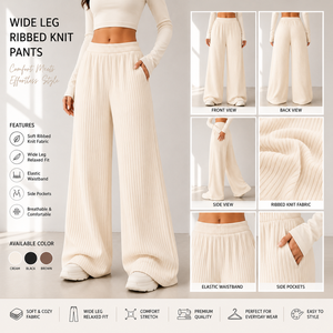 Women Cream Knitted Wide Leg <b>Pants</b> High Waist Loose Fit Full Length Casual Solid Color Elastic Waist Pockets Autumn Style - Product Image 6
