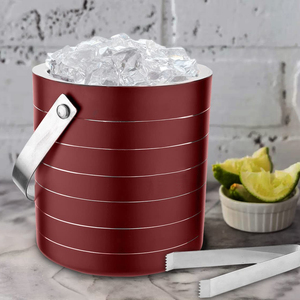 Vibrant Cherry Red Metal <b>Ice</b> Bucket Accented With Polished Silver Horizontal Ring Stripes Pivoting Handle And Tongs For Parties - Product Image 1