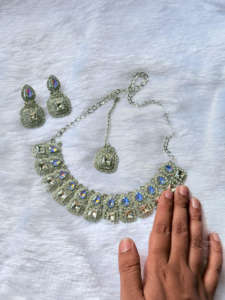 고급 4 피스 인도 웨딩 파티 쥬얼리 세트 아시아 신부 목걸이 귀걸이 크리스탈 스톤 보석 골드 빈티지 골동품 - Product Image 5